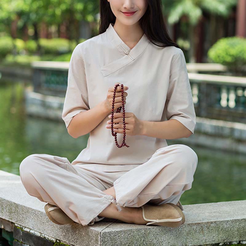 Mythstone 2Pcs Half Sleeve V-Neck Shirt Top Pants Meditation Zen Tai Chi Linen Clothing Women's Set