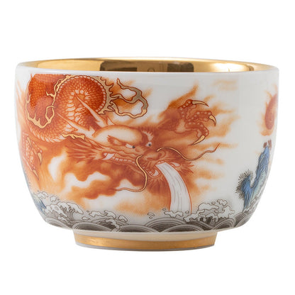 Mythstone Dragon Phoenix Crane Sun Ocean Waves Gilt Ceramic Teacup Kung Fu Tea Cup 170ml