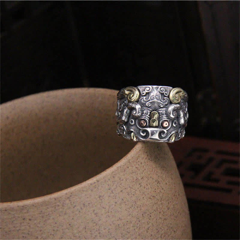 Mythstone 925 Sterling Silver Fengshui Kui Cattle Protection Adjustable Ring