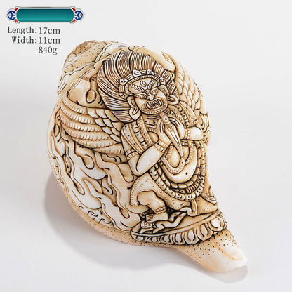 Mythstone Tibetan Handmade Engraved Shankha Buddha Avalokitesvara Conch Shell Wealth Decoration