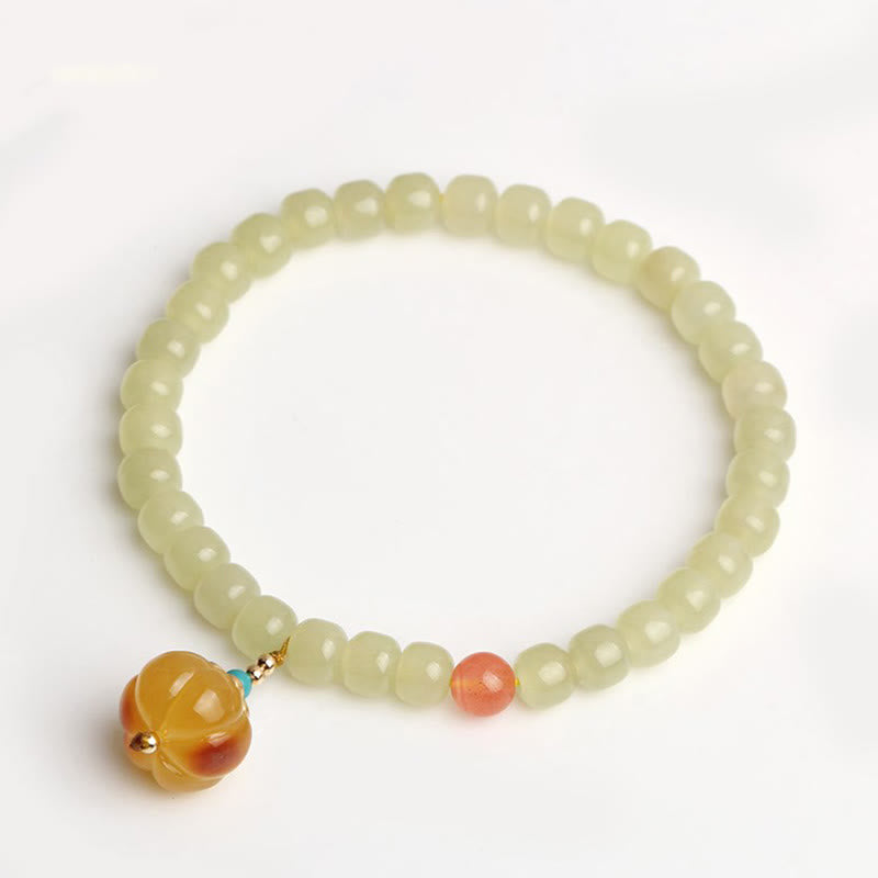 Pulsera de prosperidad con cristal de ágata roja, ámbar y calabaza de jade hetiano natural