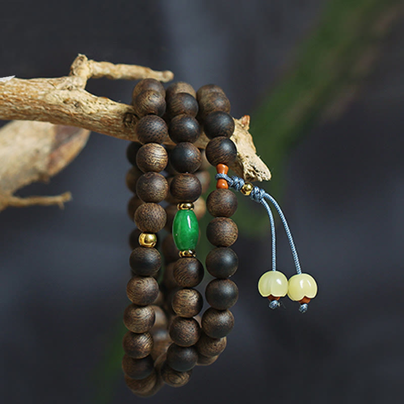 Mythstone 108 Mala Beads Nha Trang Bai Qinan Agarwood Cyan Jade Amber Strength Meditation Bracelet