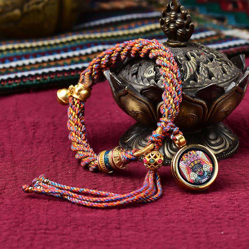 Mythstone Tibetan Handmade Luck Protection Thangka Prayer Wheel Bell Charm Braid String Bracelet