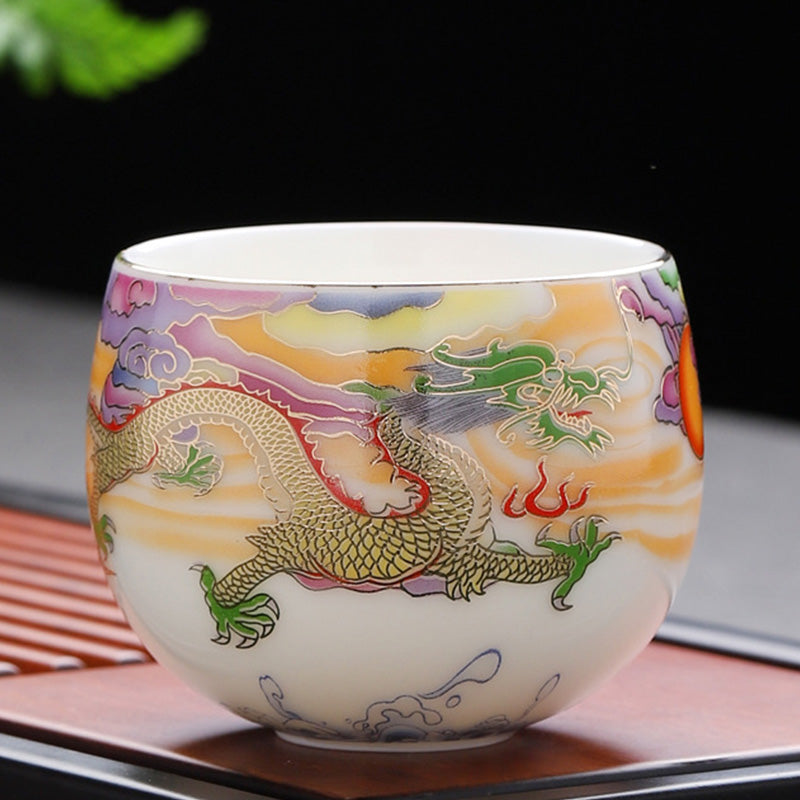 Mythstone Dragon Phoenix Auspicious Clouds Sun Ocean Waves Ceramic Teacup Kung Fu Tea Cup