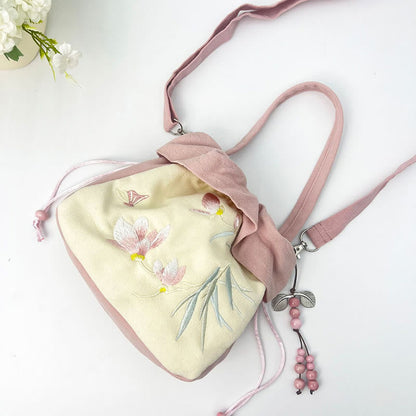 Bolso bandolera de lino y algodón con bordado de loto y magnolia de Mythstone Suzhou