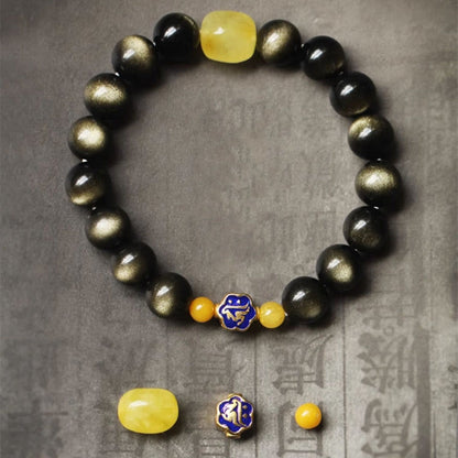 Mythstone 925 Sterling Silver Chinese Zodiac Natal Buddha Natural Gold Sheen Obsidian Amber Wealth Protection Bracelet