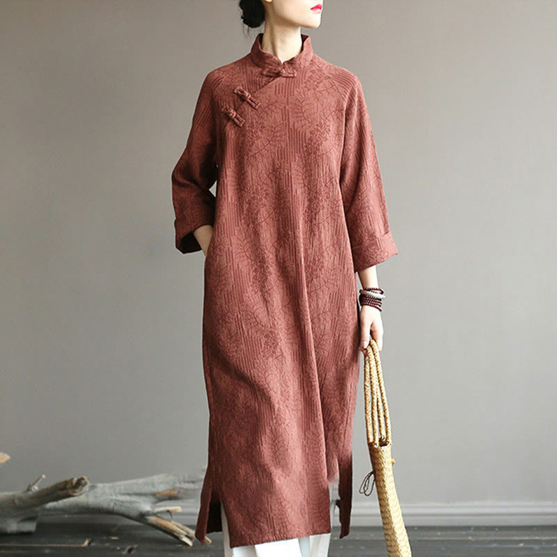 Mythstone Flower Jacquard Midi Dress Long Sleeve Cotton Linen Dress Wide Leg Pants With Pockets