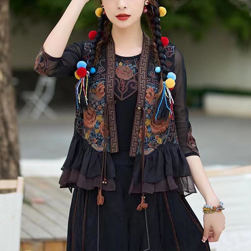 Mythstone Vintage Peony Flowers Embroidery Design Sleeveless Vest