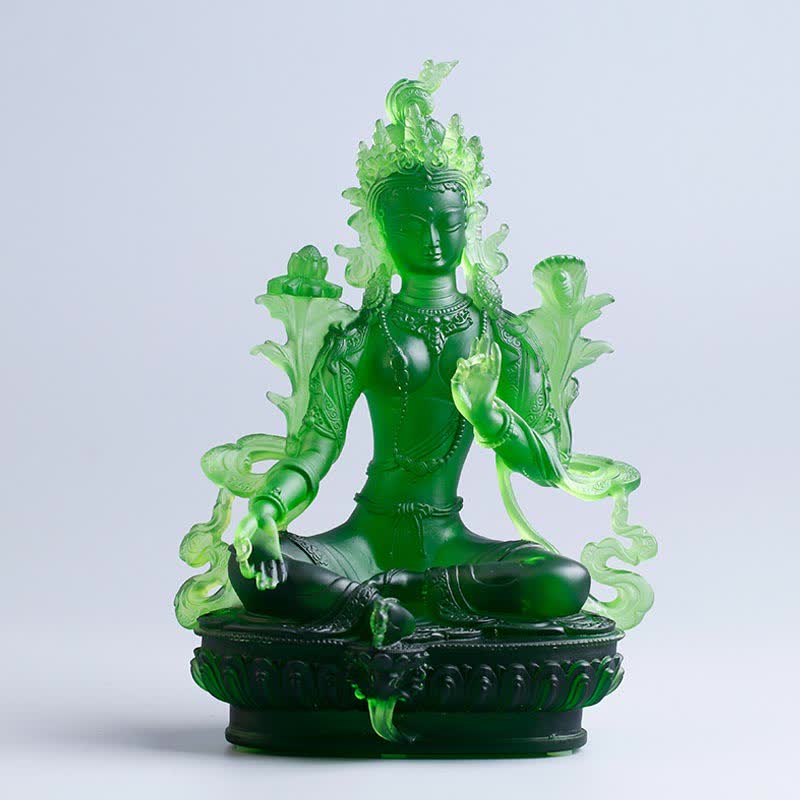 Mythstone Bodhisattva Green Tara Handmade Liuli Crystal Art Piece Protection Home Office Statue Decoration