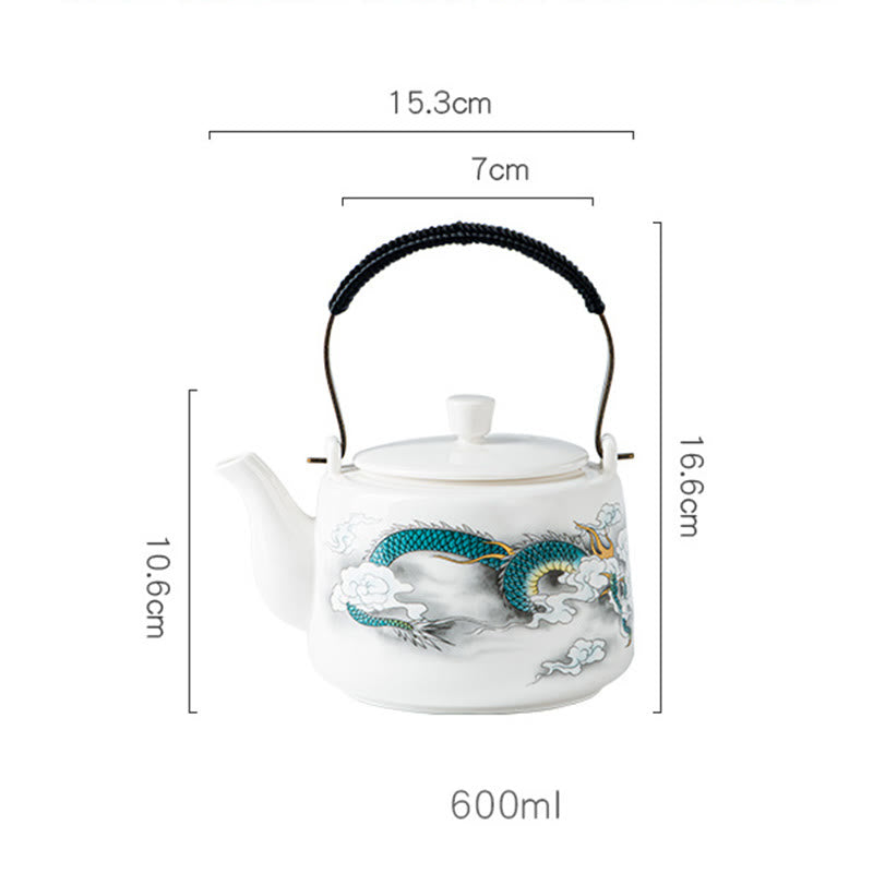 Mythstone Vintage Dragon Mountain Fisherman Landscape White Porcelain Ceramic Kung Fu Teapot