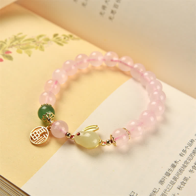 Pulsera de conejito de amor y felicidad con ágata verde y cristal rosa natural del año del conejo