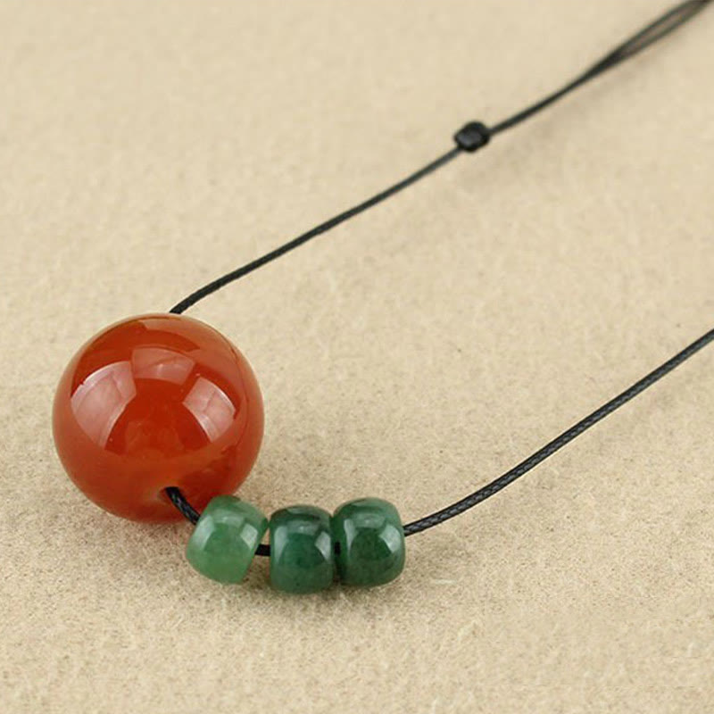 Mythstone Red Agate Green Aventurine Green Bodhi Seed Bead Calm Leather Rope Necklace Pendant