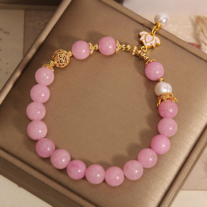 Mythstone Pink Jade Pearl Lotus Charm Harmony Bracelet