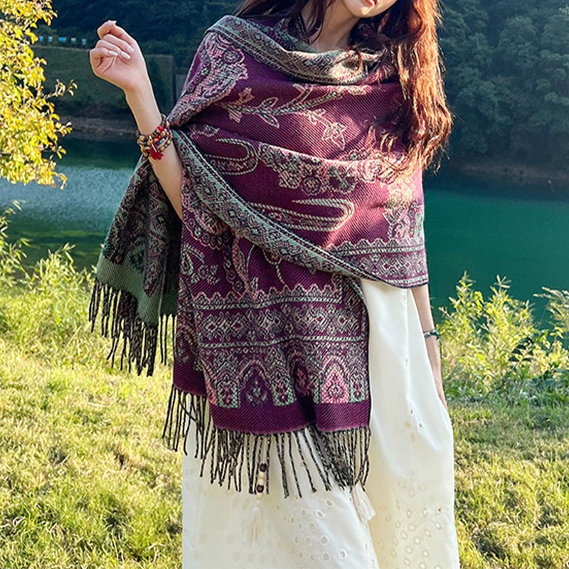 Mythstone Vintage Tibetan Leaves Pattern Design Shawl Cozy Travel Scarf Wrap