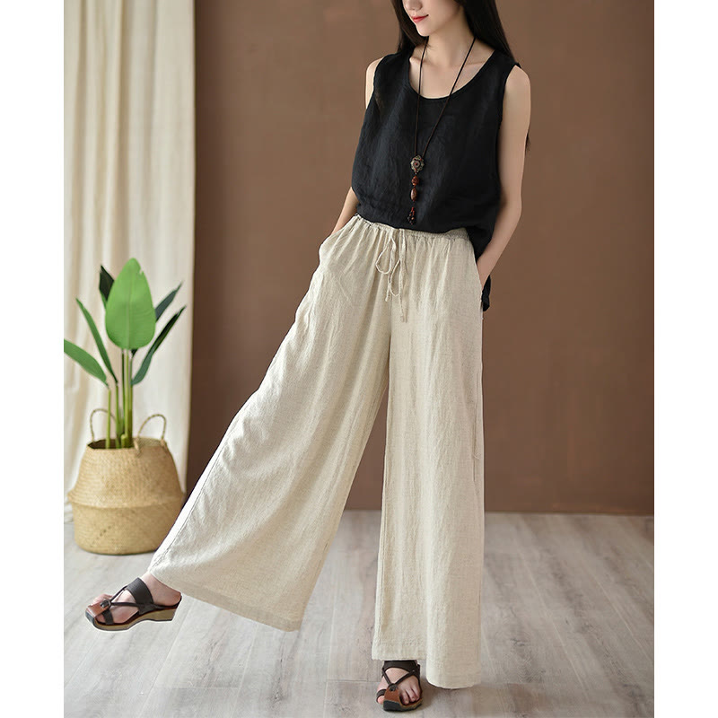 Mythstone Loose Cotton Linen Drawstring Wide Leg Pants With Pockets