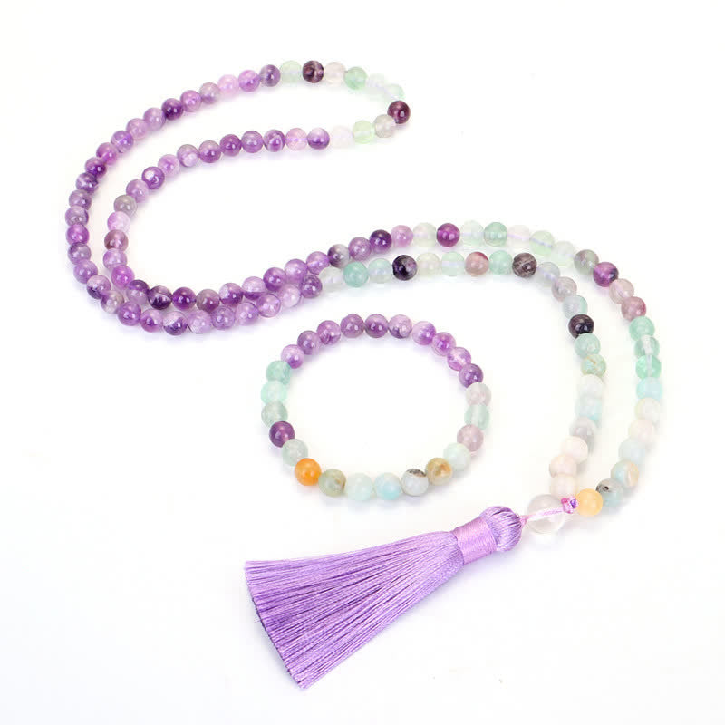 108 Mala Beads Amethyst Fluorite Amazonite Spiritual Positive Tassel Bracelet