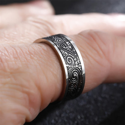 Mythstone Vintage Wave Auspicious Clouds Engraved Pattern Titanium Steel Balance Ring