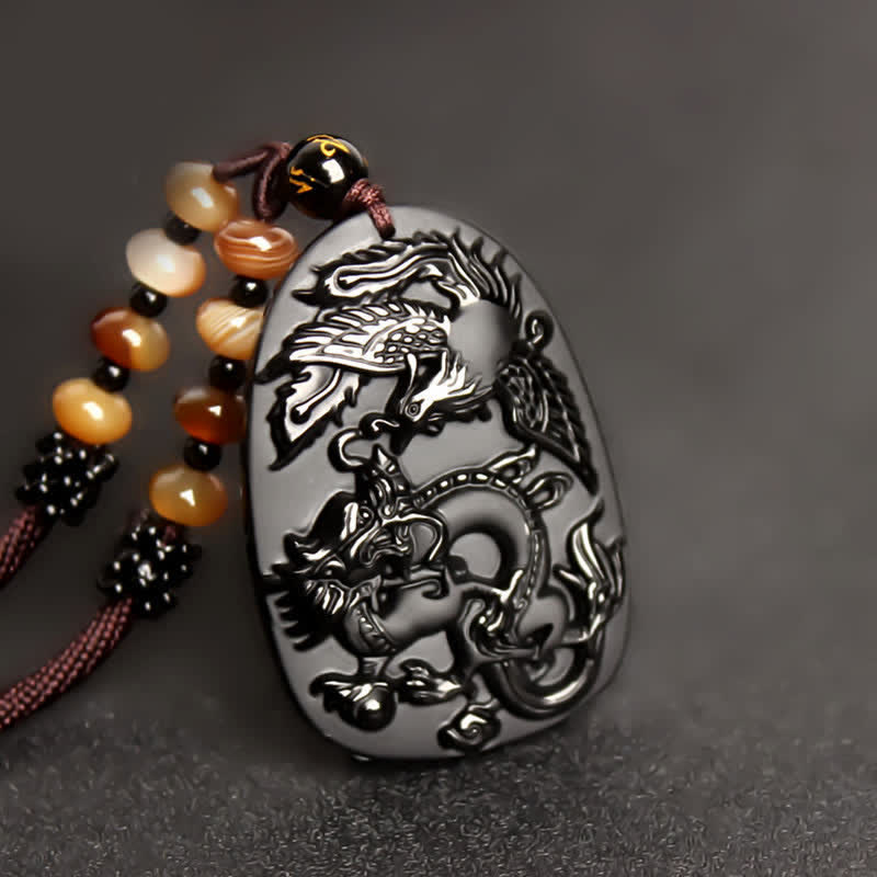 Mythstone Black Obsidian Tiger Eye Dragon Phoenix Protection Beaded Necklace Pendant