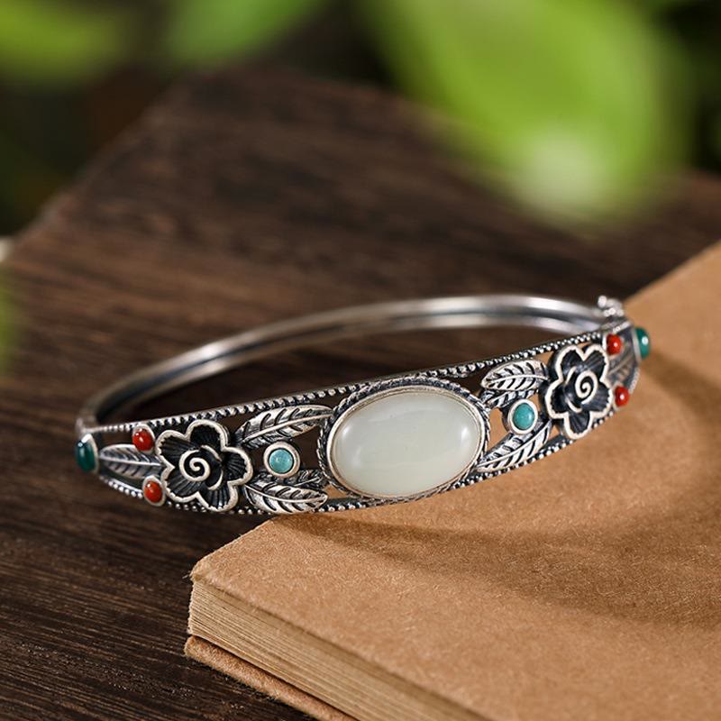 Mythstone Cyan Jade White Jade Flower Leaf Harmony Luck Bracelet Bangle