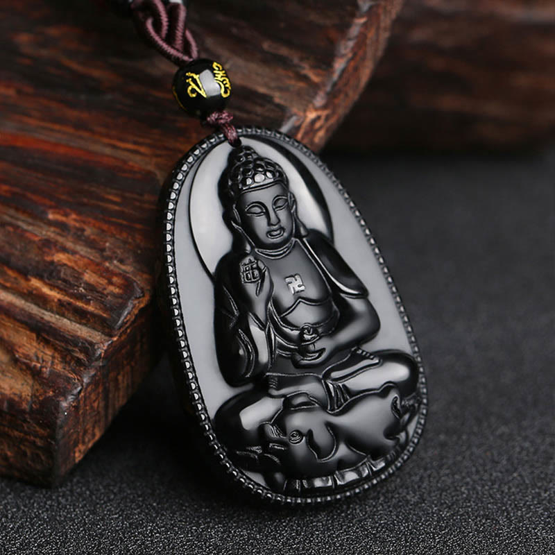 Colgante de obsidiana negra natural con diseño de Buda natal del zodíaco chino Mythstone