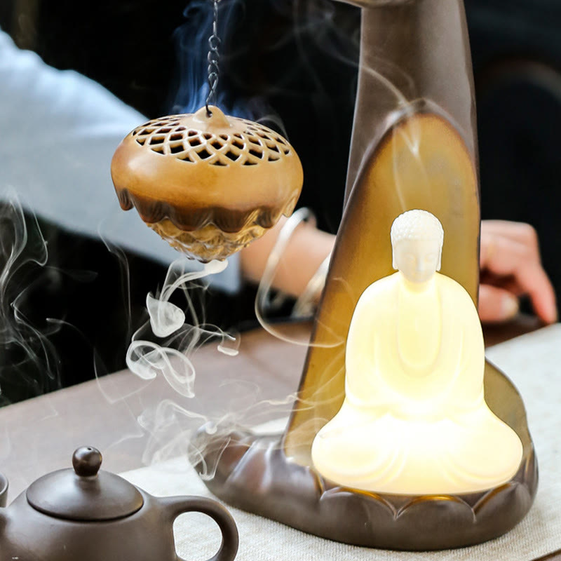 Quemador de incienso de cerámica con forma de mano de Buda y luz LED Mythstone, fuente de humo con reflujo, decoración curativa 