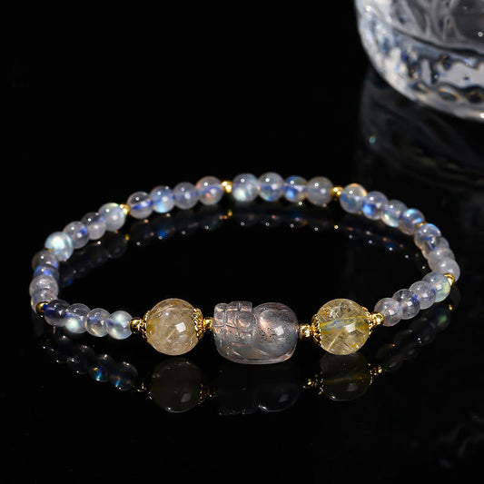 Mythstone Moonstone Strawberry Quartz Tourmaline PiXiu Healing Bracelet