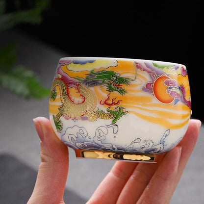 Mythstone Dragon Phoenix Auspicious Clouds Sun Ocean Waves Ceramic Teacup Kung Fu Tea Cup