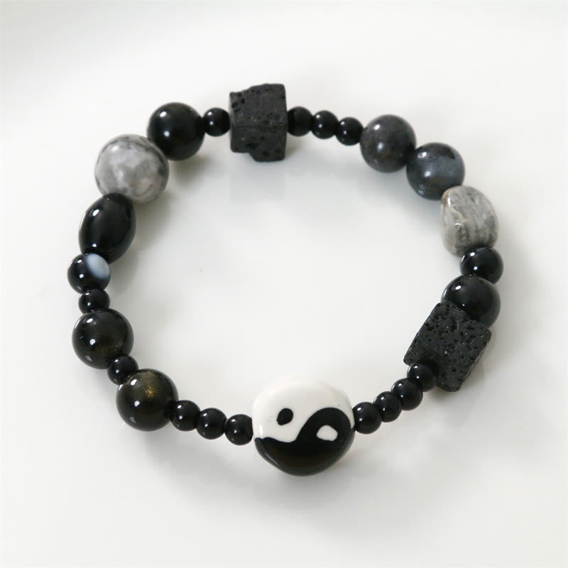 Mythstone Black Onyx Picasso Jasper Bead Yin Yang Fortune Protection Bracelet