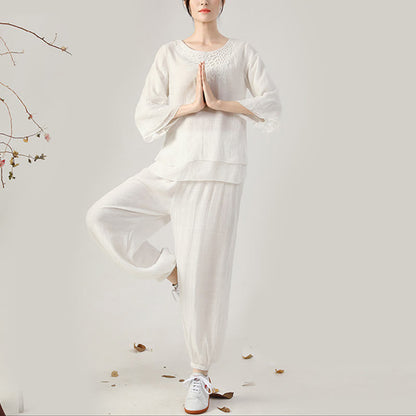 Mythstone 2Pcs Long Sleeve Frog-Button Meditation Prayer Zen Practice Tai Chi Uniform Clothing Women's Set