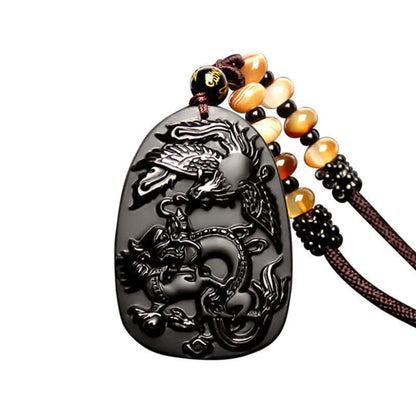 Mythstone Black Obsidian Tiger Eye Dragon Phoenix Protection Beaded Necklace Pendant