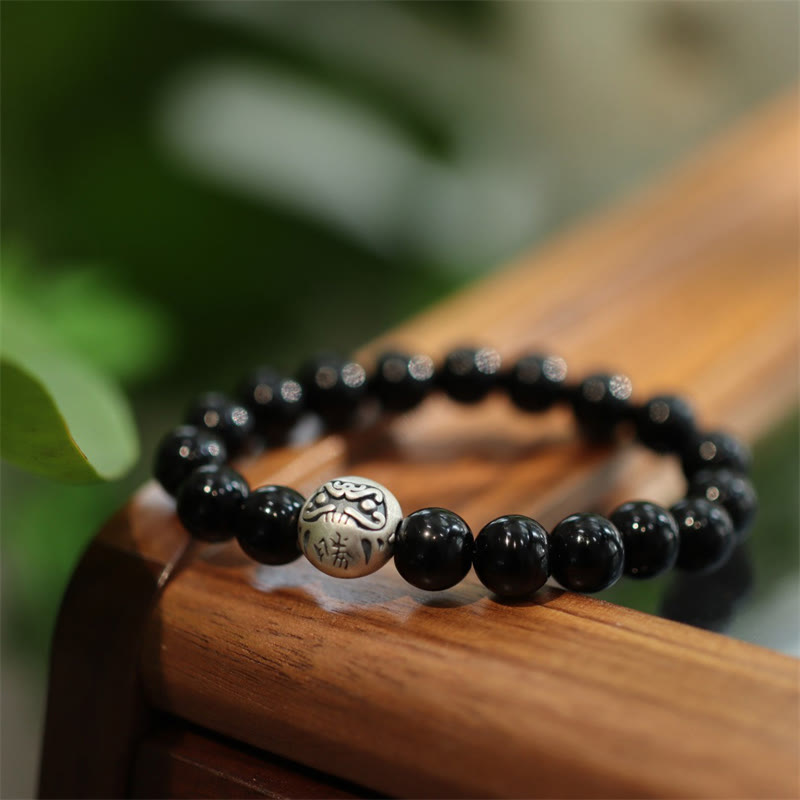 Mythstone 925 Sterling Silver Black Onyx Bead Character Engraved Protection Bracelet