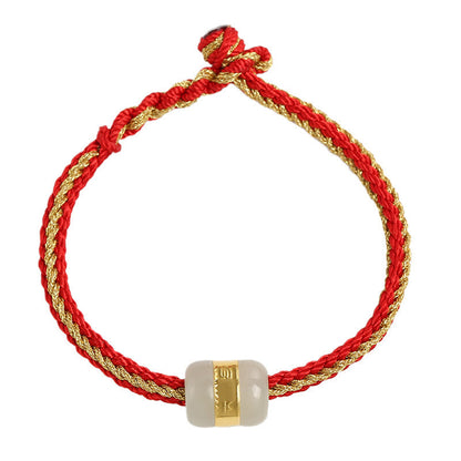 Mythstone 999 Gold Hetian White Jade Om Mani Padme Hum Fu Character Luck Braided Bracelet