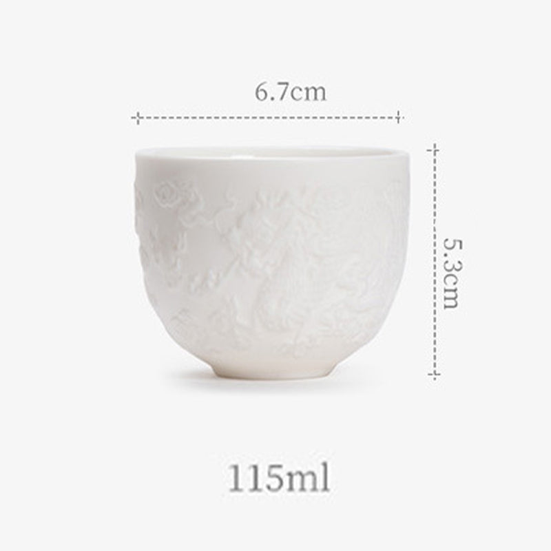 Mythstone Dragon Phoenix Relief White Porcelain Ceramic Teacup Kung Fu Tea Cup 115ml