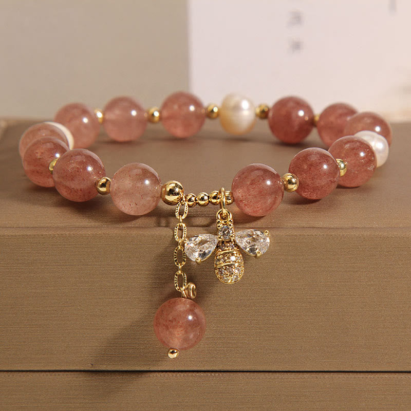 Mythstone Strawberry Quartz Pearl Cute Zircon Honeybee Positive Charm Bracelet