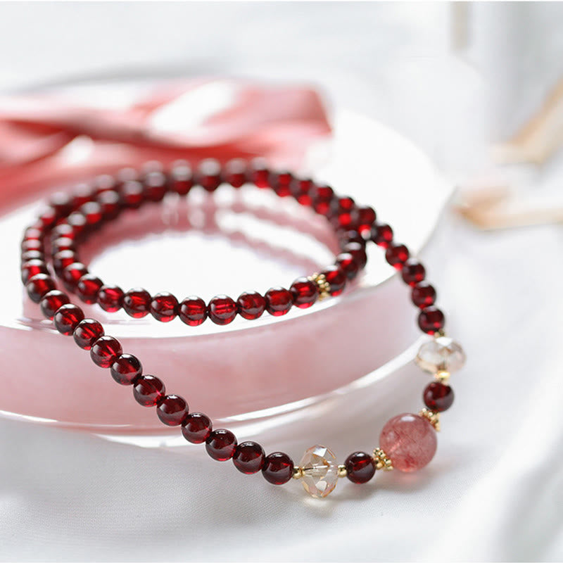 Mythstone 14K Gold Plated Natural Garnet Strawberry Quartz Stability Double Wrap Bracelet