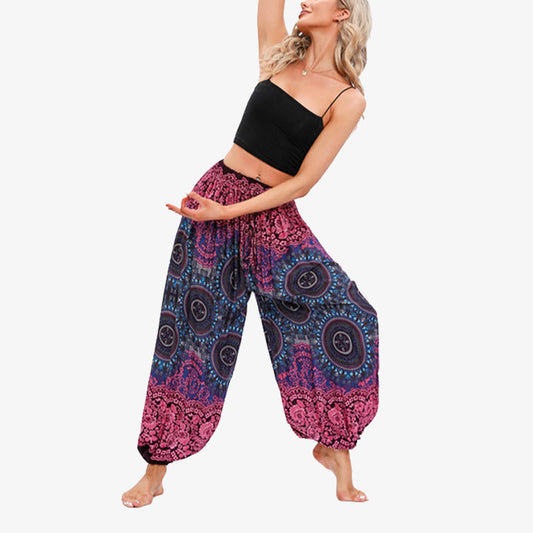 Pantalones de yoga holgados tipo harén con estampado floral y flores geométricas redondas de Mythstone para mujer 