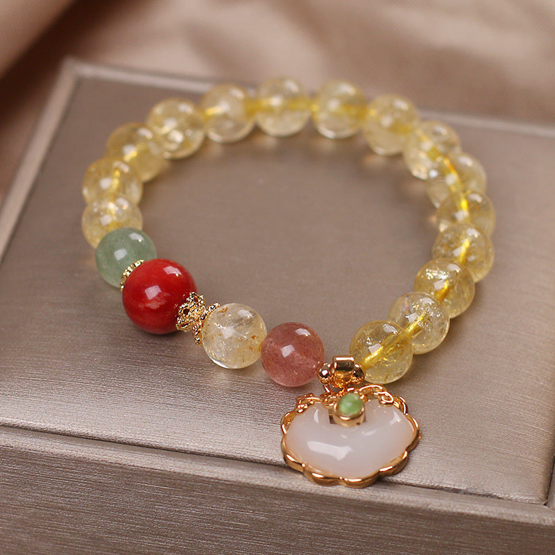 Mythstone Natural Citrine White Jade Strawberry Quartz Protection Charm Bracelet