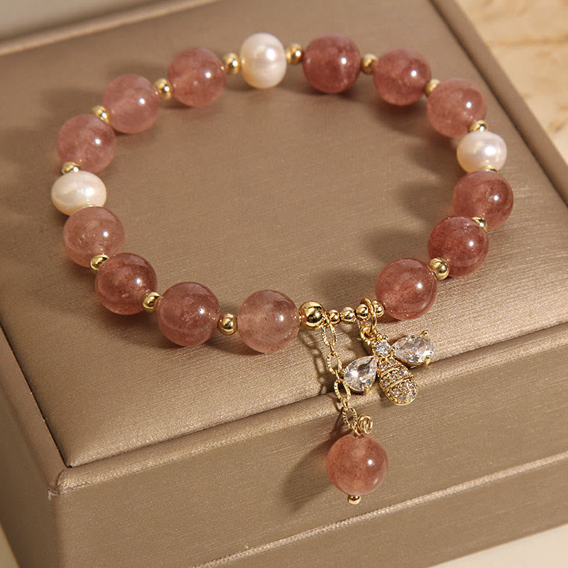 Mythstone Strawberry Quartz Pearl Cute Zircon Honeybee Positive Charm Bracelet