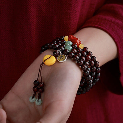 Pulsera de protección PiXiu con 108 cuentas de Buda natal del zodíaco chino de MythStone, hoja pequeña, sándalo rojo, ágata roja