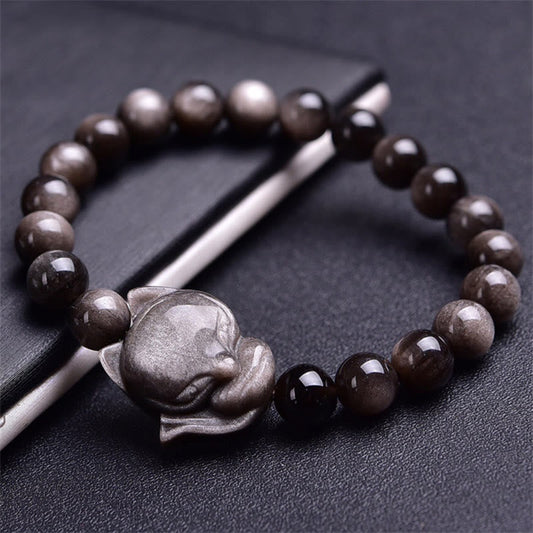 Mythstone Natural Silver Sheen Obsidian Fox Protection Bracelet