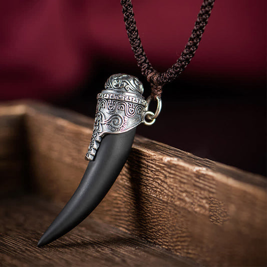 Mythstone 925 Sterling Silver Black Obsidian Wolf Tooth Pattern Strength Necklace Pendant