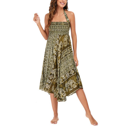 Mythstone Two Style Wear Boho Elephant Geometry Lace-up Skirt Dress