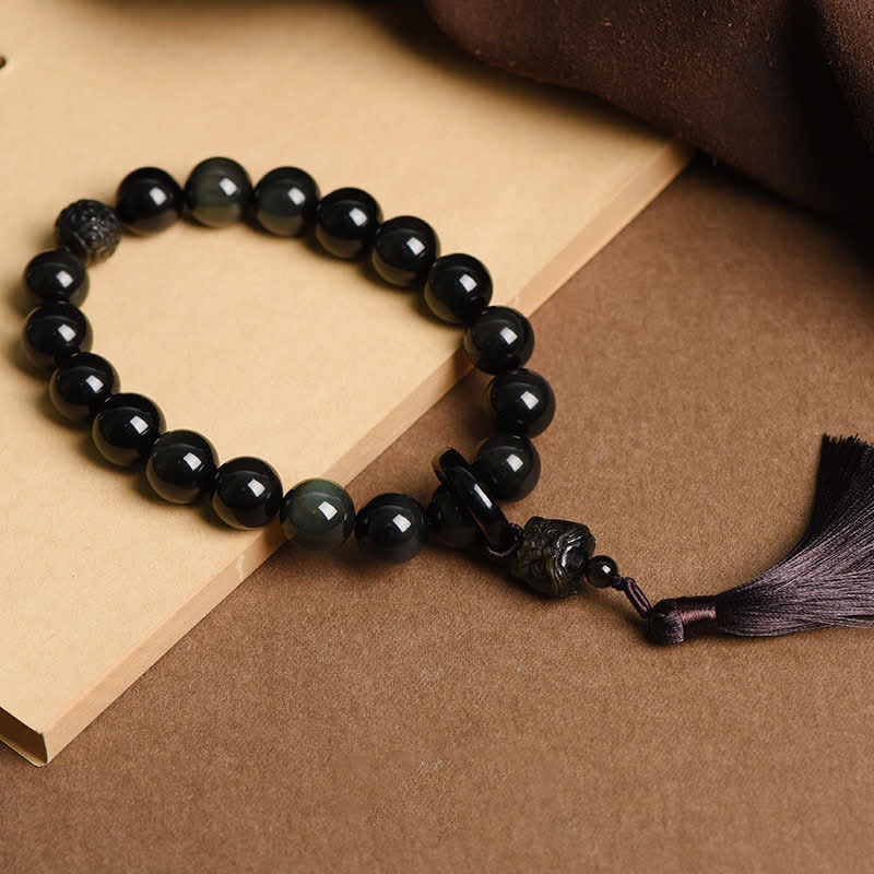 Mythstone Natural Black Obsidian Lion Wrist Mala Protection Tassels Pocket Mala Car Decoration