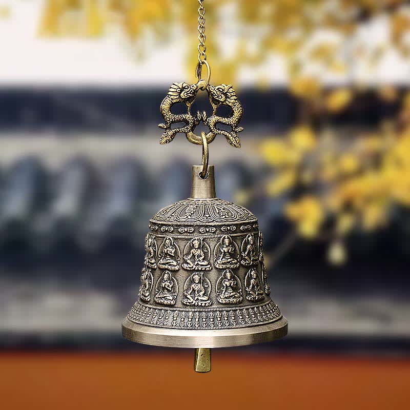 Mythstone Tibetan Engraved Buddha Dragon Wind Chime Bell Copper Luck Wall Hanging Decoration