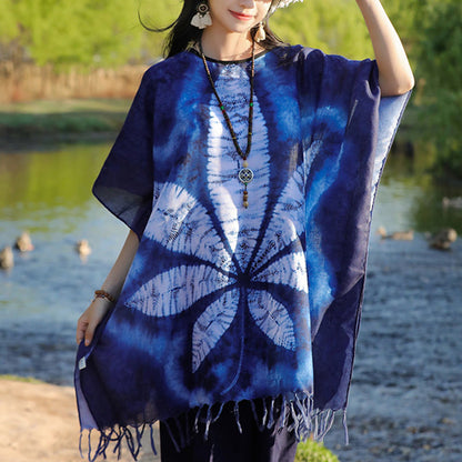 Mythstone Blue Batik Shawl Tassels Maple Leaf Cozy Travel Pullover 95*90cm