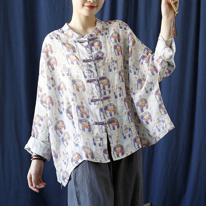 Mythstone Elephant Print Frog-button Design Batwing Long Sleeve Ramie Linen Jacket Shirt