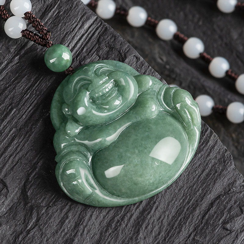 Mythstone Laughing Buddha Cyan Jade Harmony Necklace String Bead Pendant