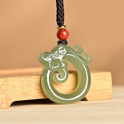 Mythstone White Jade Cyan Jade Dragon Protection Necklace String Pendant