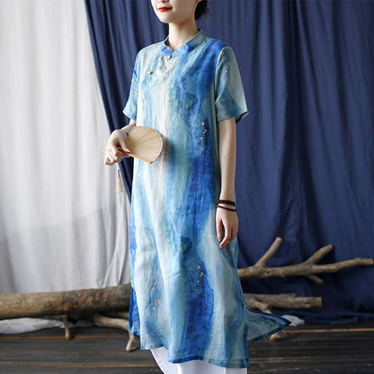 Mythstone Ramie Blue Digital Printing Cheongsam Dresses Short Sleeve Linen Dress