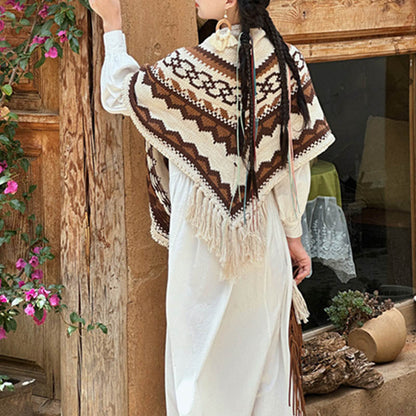 Mythstone Tibetan Striped Brown Beige Tassel Shawl Winter Cozy Travel Scarf Wrap